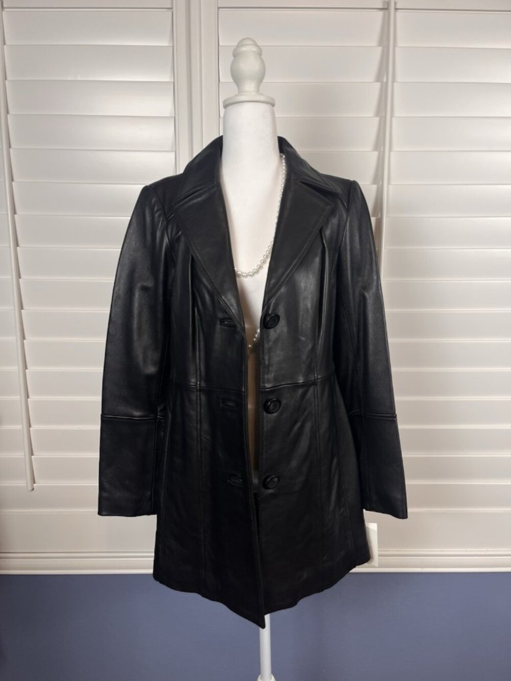 Anne Klein Women’s XS Black Genuine Leather Long Blazer Coat NWT